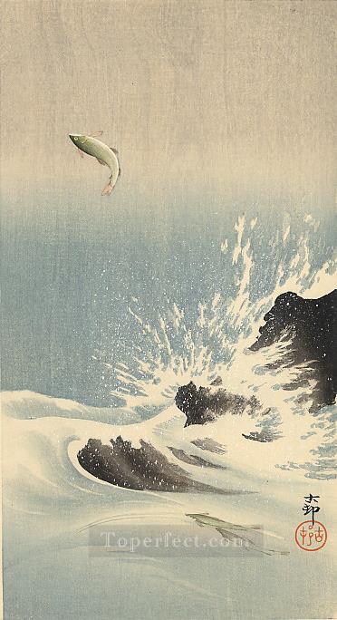 leaping salmon Ohara Koson Shin hanga Oil Paintings